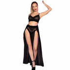 Chilirose CR 4672 Czarny komplet z łańcuchami, spodnica i stringi S