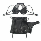 SUBBLIME Komplet Lingerie Skorzany Czarny L/XL Halter Siatka
