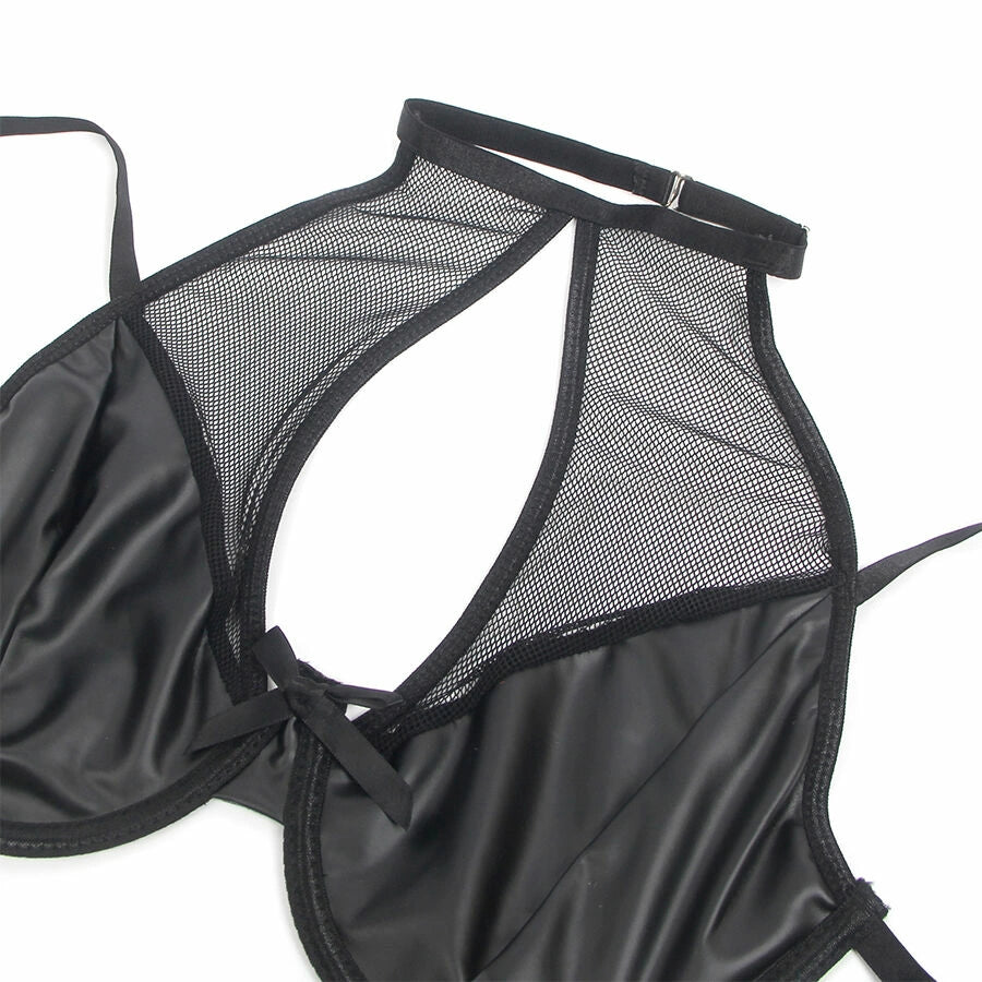 SUBBLIME Komplet Lingerie Skorzany Czarny L/XL Halter Siatka