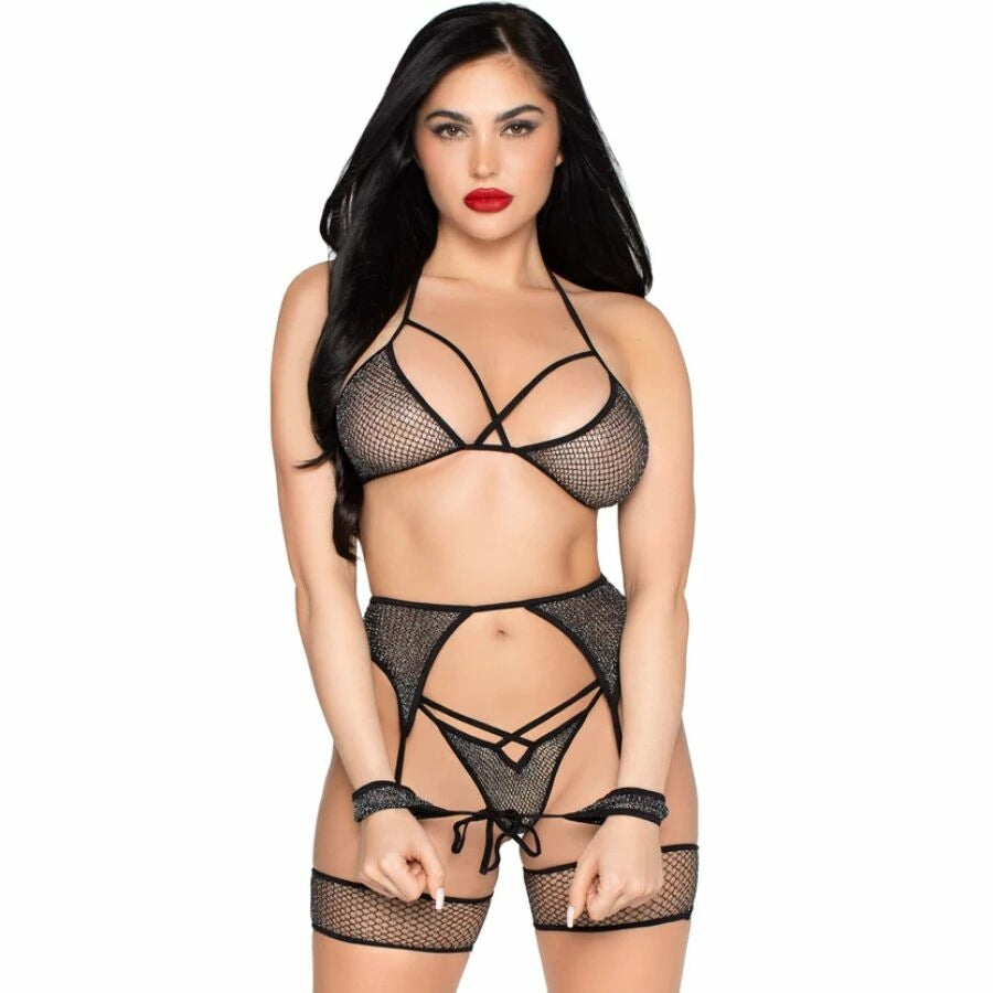 Leg Avenue 89362 Kompletny Zestaw Bielizny z Siateczką i Kajdankami Czarny One Size