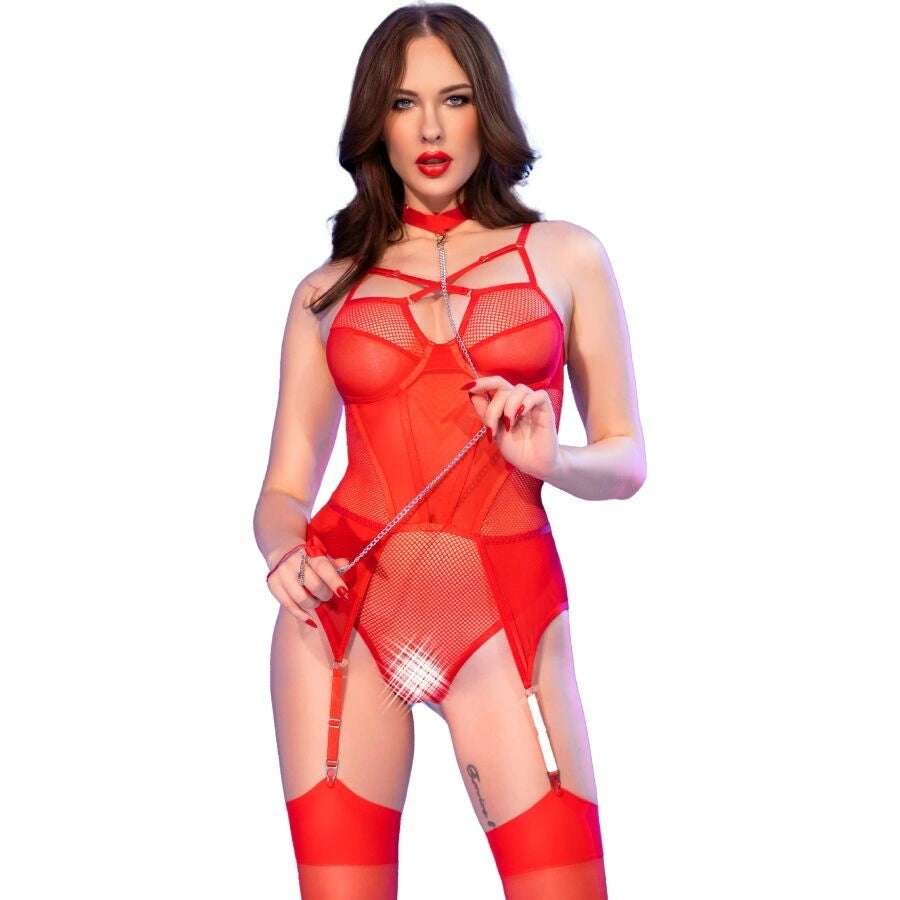 Chilirose CR 4879 Body damskie bez kroku czerwone S z łańcuszkiem