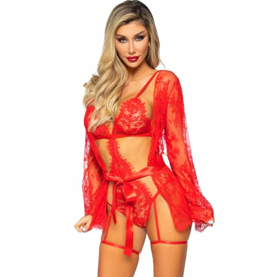 Leg Avenue 86123 Komplet Body Teddy i Szlafrok z Podwiązkami Czerwony S