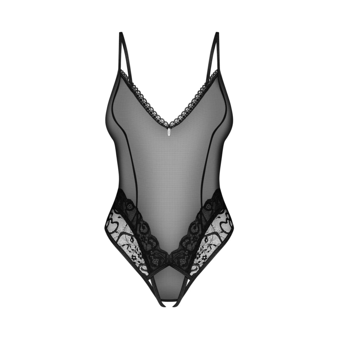 Obsessive Blomentis Body XL/2XL czarne siateczka koronka, otwarty kroj