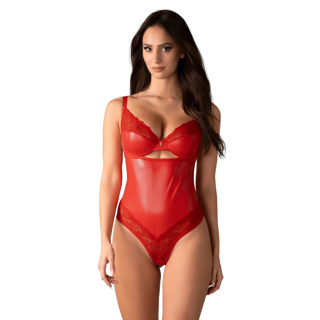 Obsessive Aliosa Body L/XL Czerwony z Koronką i Fiszbiny