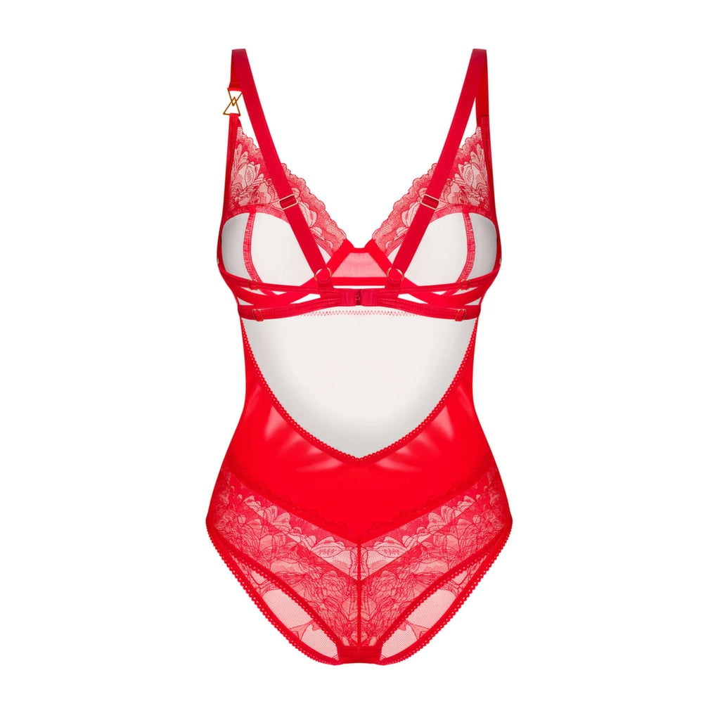 Obsessive Aliosa Body L/XL Czerwony z Koronką i Fiszbiny