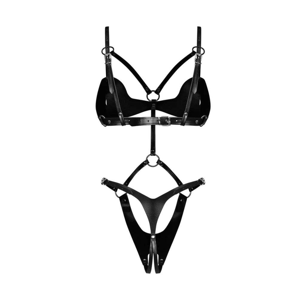 Obsessive Komplet Stringow i Biustonosz S/M/L Czarny Skora Syntetyczna
