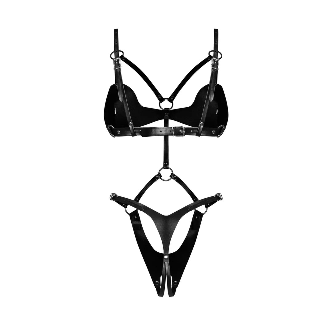 Obsessive Komplet Stringow i Biustonosz S/M/L Czarny Skora Syntetyczna