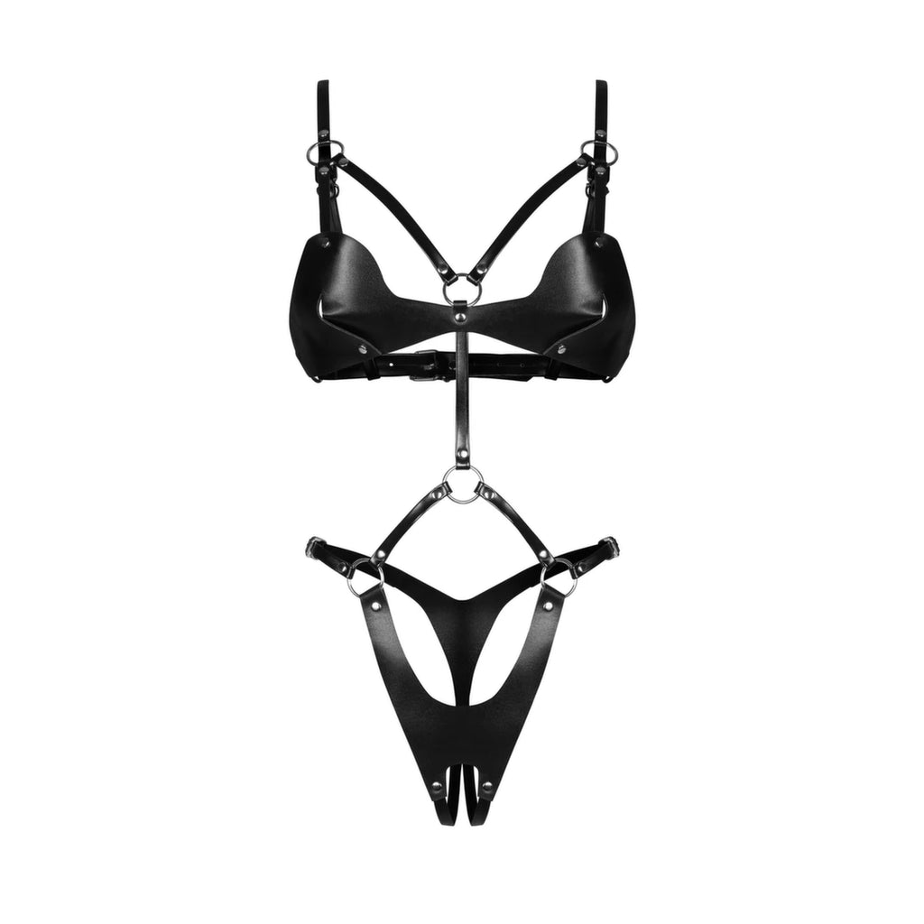 Obsessive Komplet Stringow i Biustonosz S/M/L Czarny Skora Syntetyczna