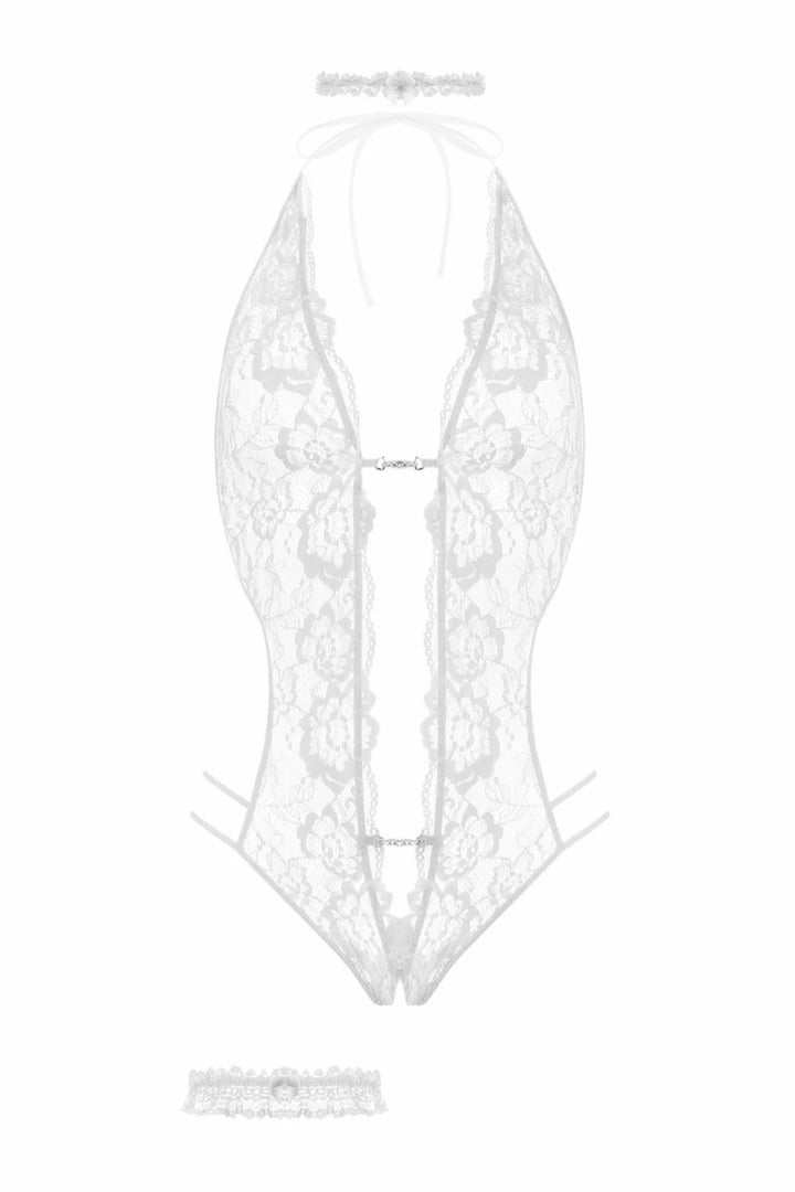 Passion Body Renee White - Koronkowy Body z Kwiatowym Wzorem, Biel S/M