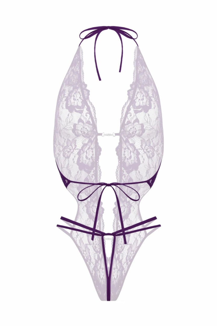 Renee Koronkowe Body z Otworem, Fioletowe, Regulowane Zapięcie L/XL