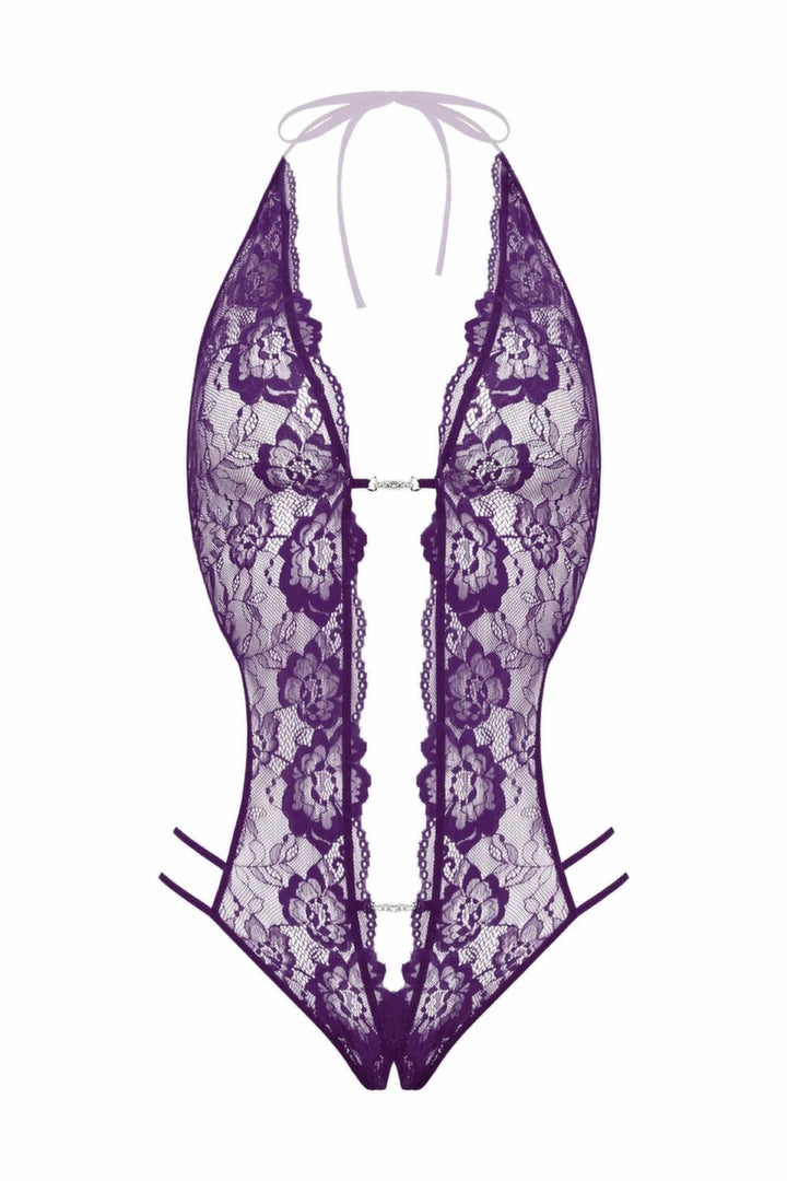 Renee Koronkowe Body z Otworem, Fioletowe, Regulowane Zapięcie L/XL