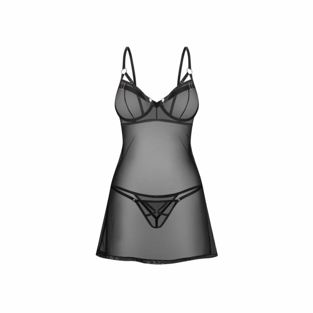 Obsessive Euridia Chemise Black - Komplet Halka i Stringi z Regulacją M/L