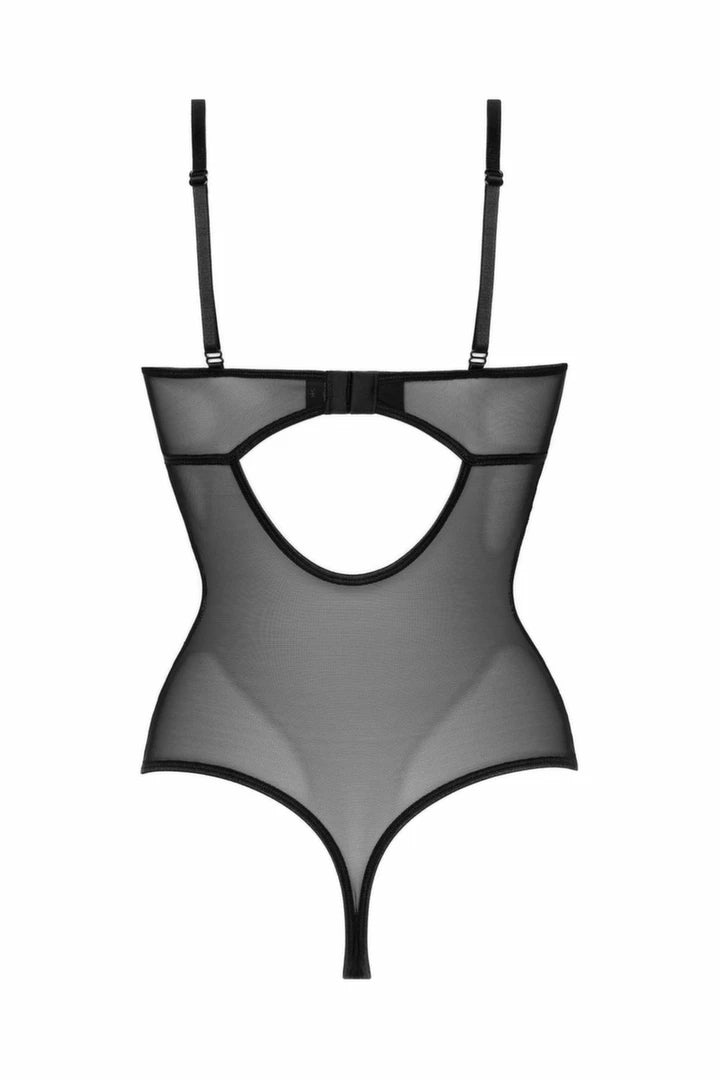 Christine Vesper - Body wetlook z koronką, czarne, otwarte miseczki L/XL