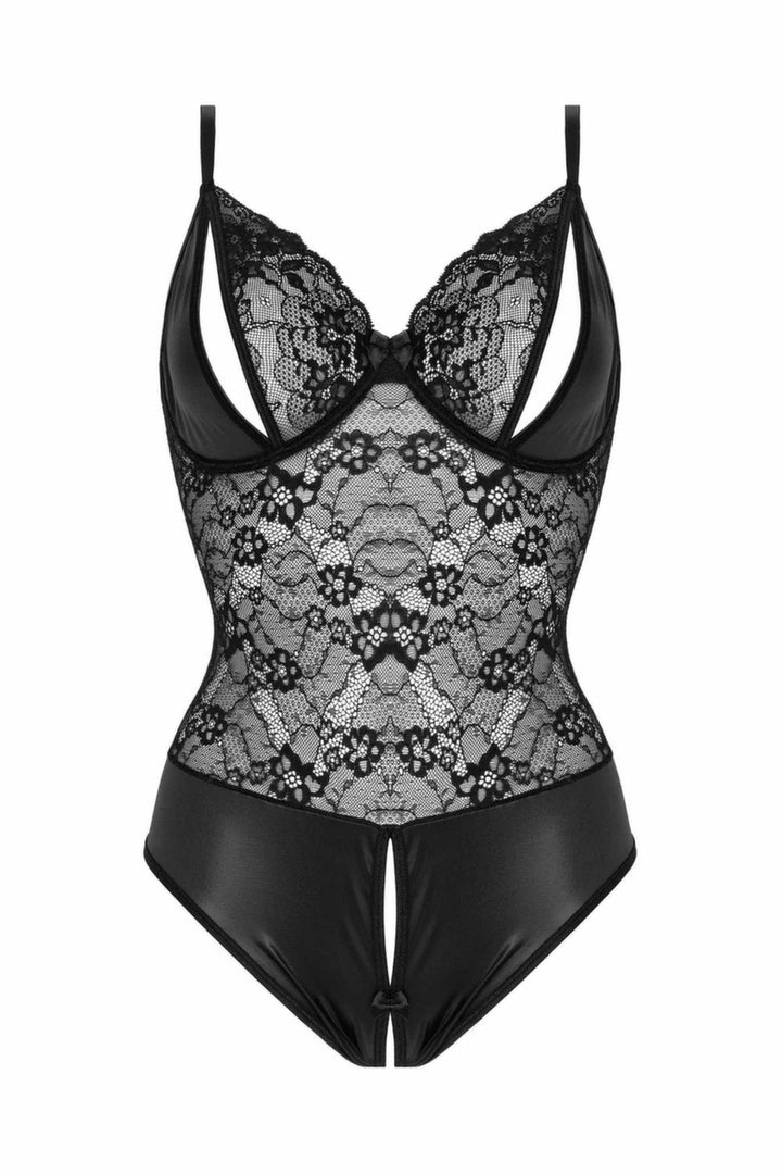 Christine Vesper - body damskie z efektem wetlook i koronką, czarne S/M
