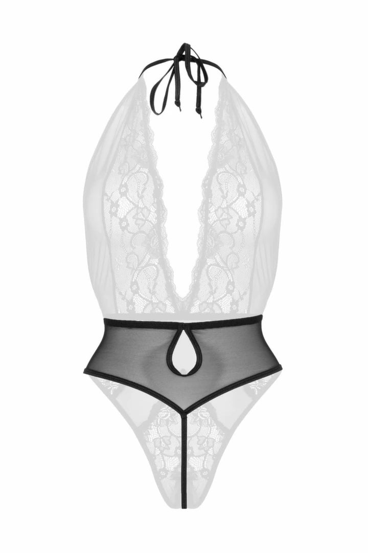 Christine Dina koronkowy body z siateczką, halter, czarny S/M
