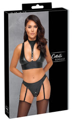 Cottelli Bondage Komplecik Matowy Czarny XL - Bralette i Majtki z Podwiązką