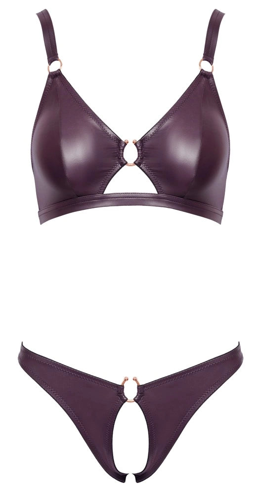 Cottelli Lingerie Fioletowy Komplet Wet Look M - Biustonosz i Otwarte Majtki