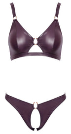 Cottelli Lingerie Fioletowy Komplet Wet Look M - Biustonosz i Otwarte Majtki