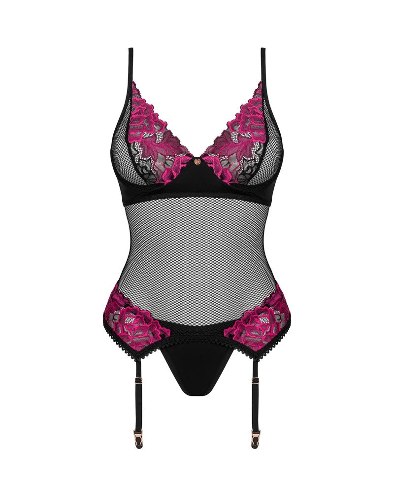 Obsessive Rosenty XL/2XL Komplet Koszulka z Paseczkami + Stringi Czarny