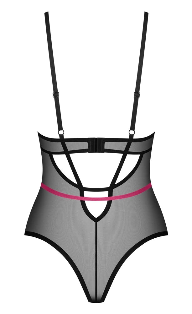 Obsessive Novenes Body XL/2XL czarne połprzezroczyste z rożowymi paskami