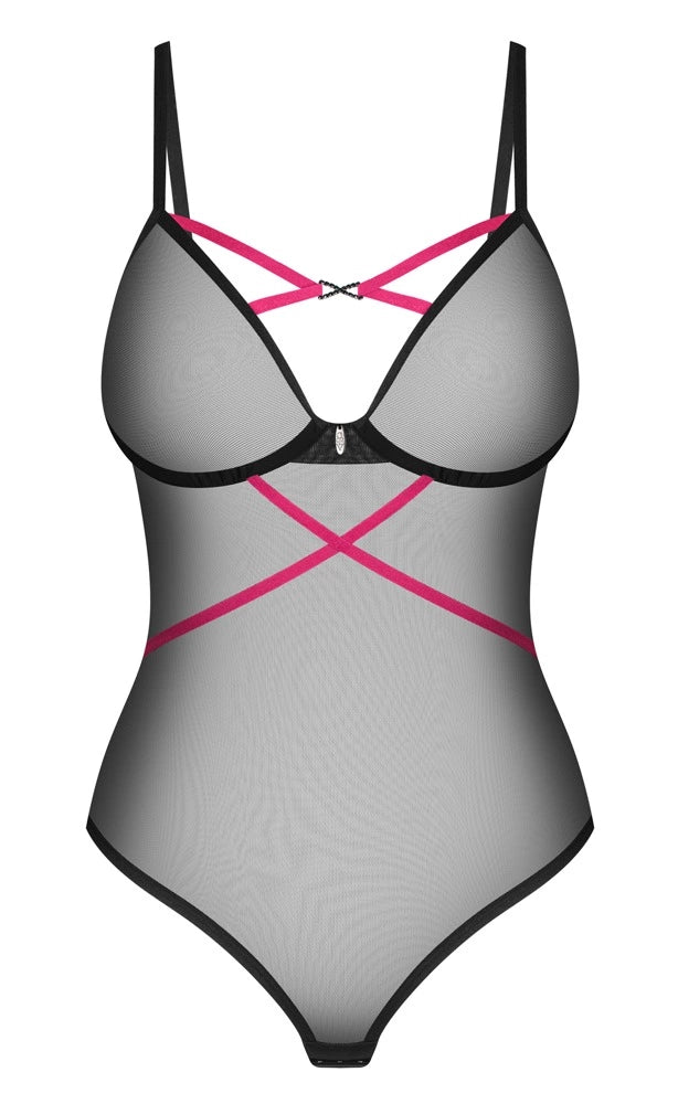 Obsessive Novenes Body XL/2XL czarne połprzezroczyste z rożowymi paskami
