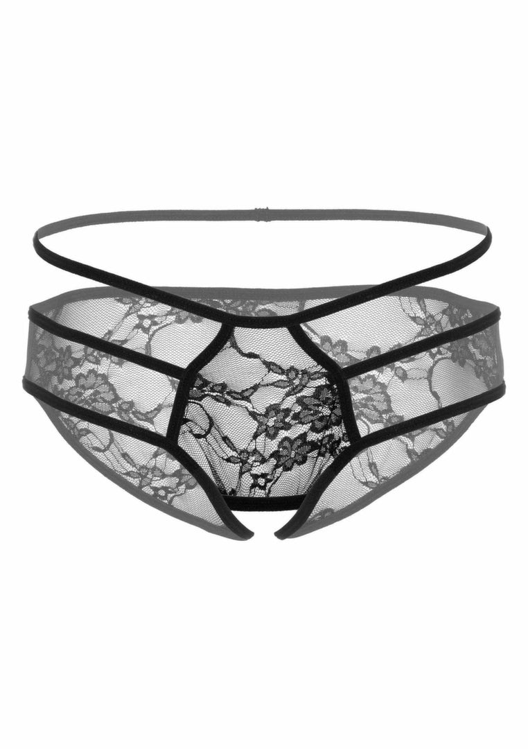 Jade koronkowe bikini z ozdobnymi paskami, otwarty krok, S/M & L/XL