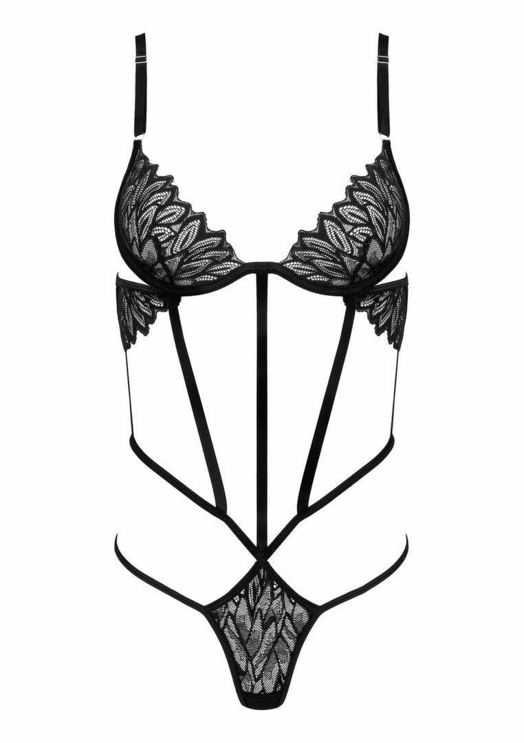 Body BD102 czarne koronkowe z geometrycznymi paskami Body