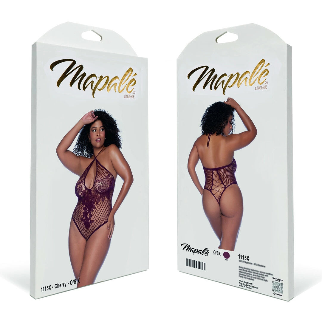 Mapele Floral Fishnet Bodysuit Queen Size czerwony, kwiatowy wzor