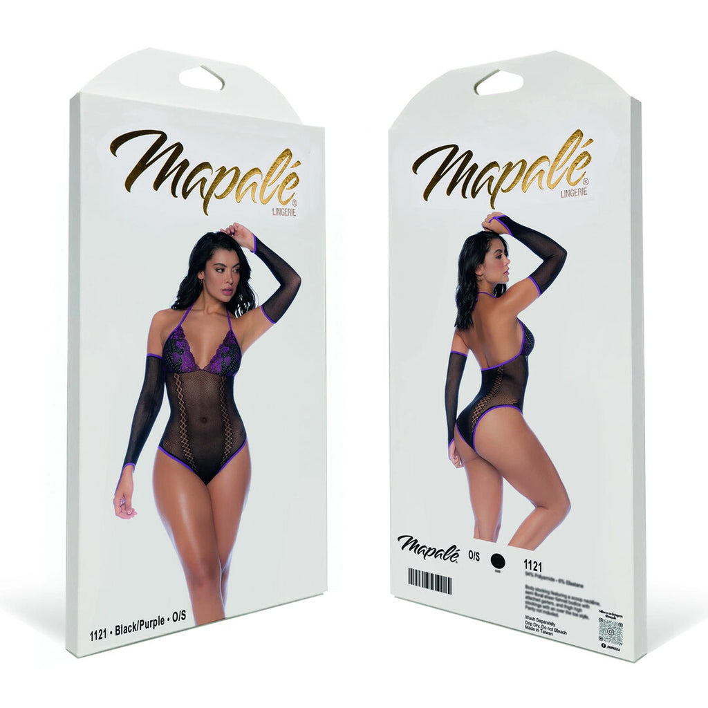 Mapele Fishnet & Lace Body komplet z rękawiczkami czarno-fioletowy uniwersalny