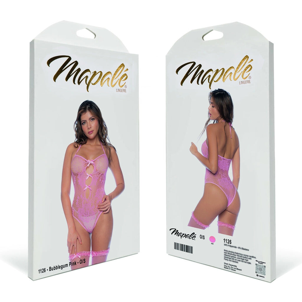 Mapele Floral Fishnet Bodysuit Set rożowy uniwersalny z kokardkami