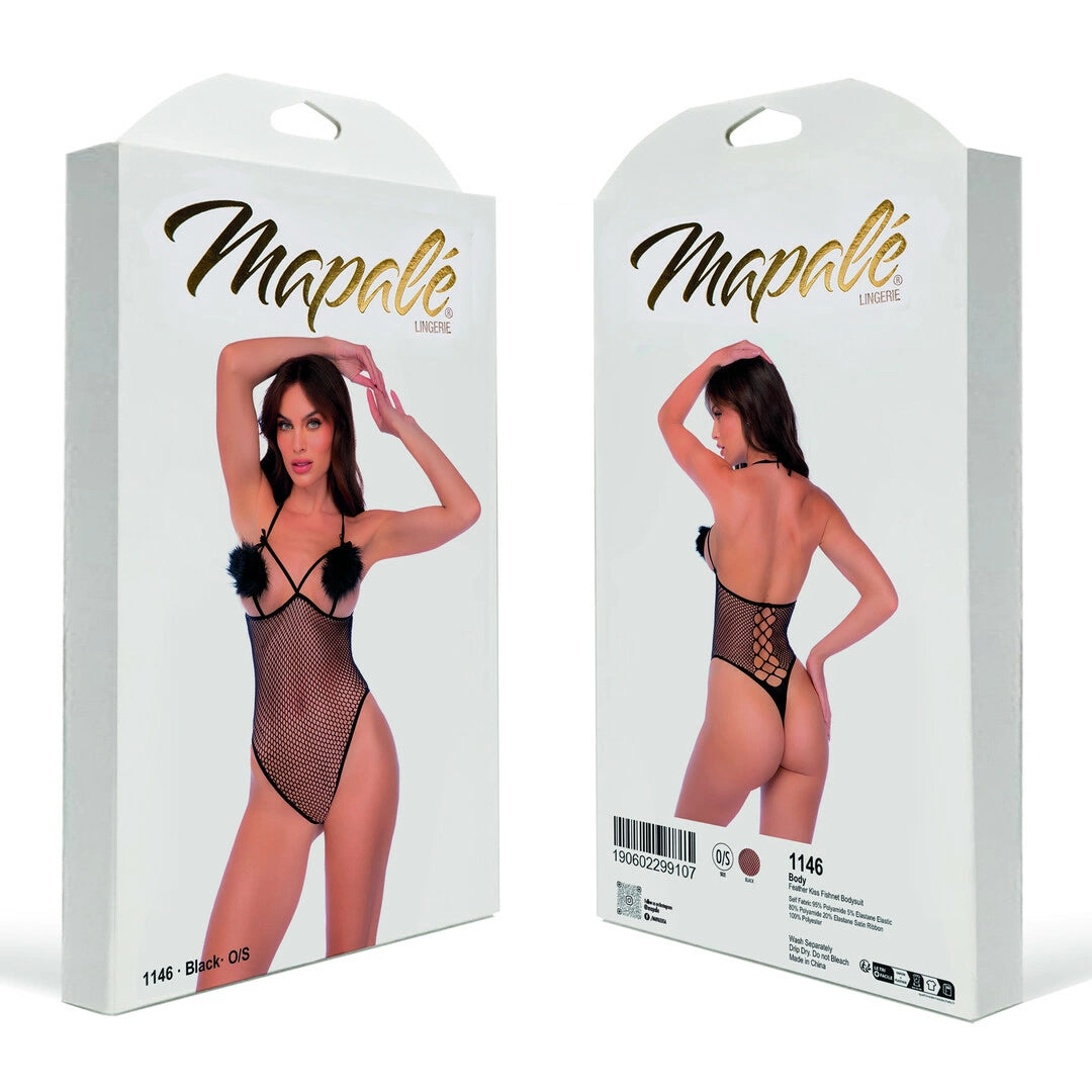 Mapele Feather Kiss Body siateczkowy z pomponami, czarny, uniwersalny