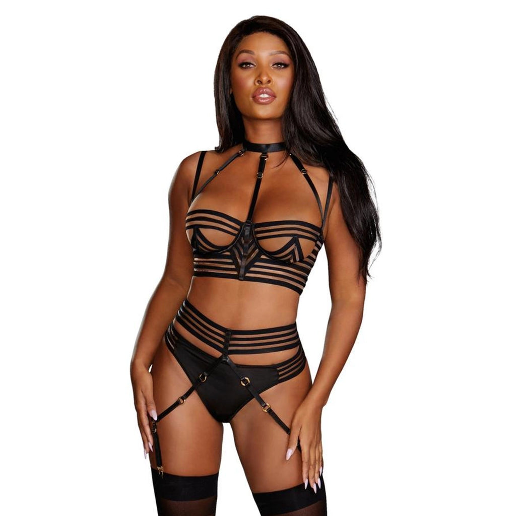 Dreamgirl komplet transparentny w paski z pasem do pończoch M