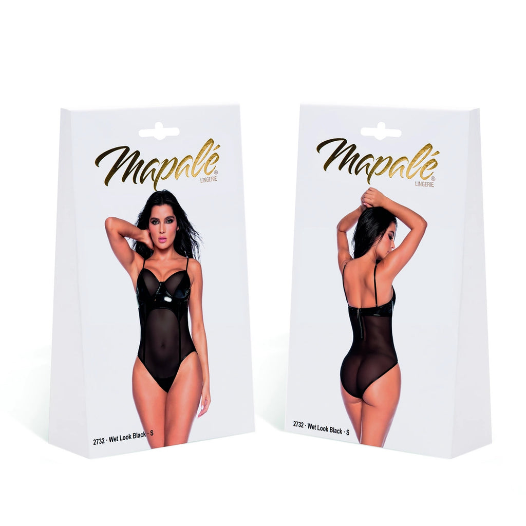 Mapale Bodysuit S Wet Black z winylu i siateczki, regulowany