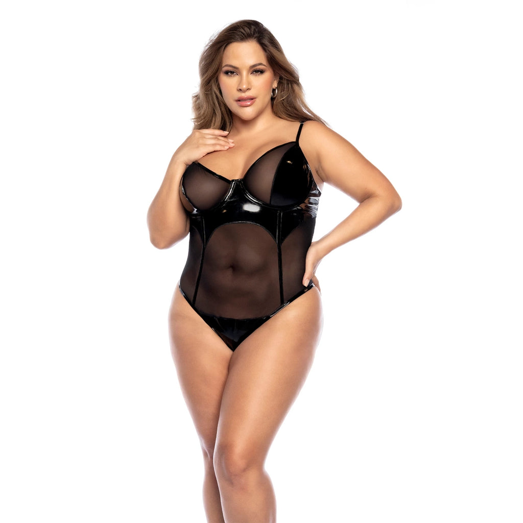 Mapale Bodysuit 3/4X Wet Black - elegancki model winylowy plus size