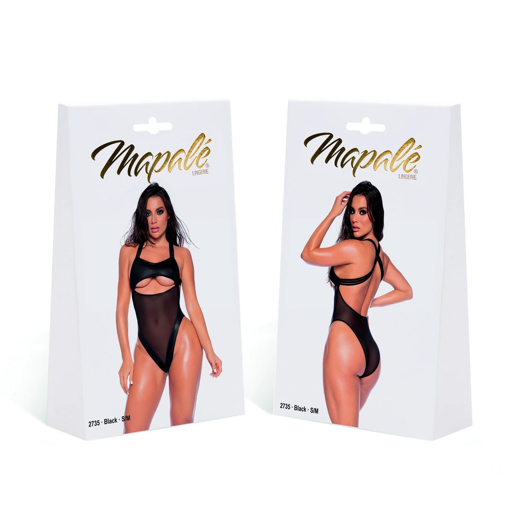Mapale Bodysuit S/M czarny - kontrastowy efekt wet look i siateczki