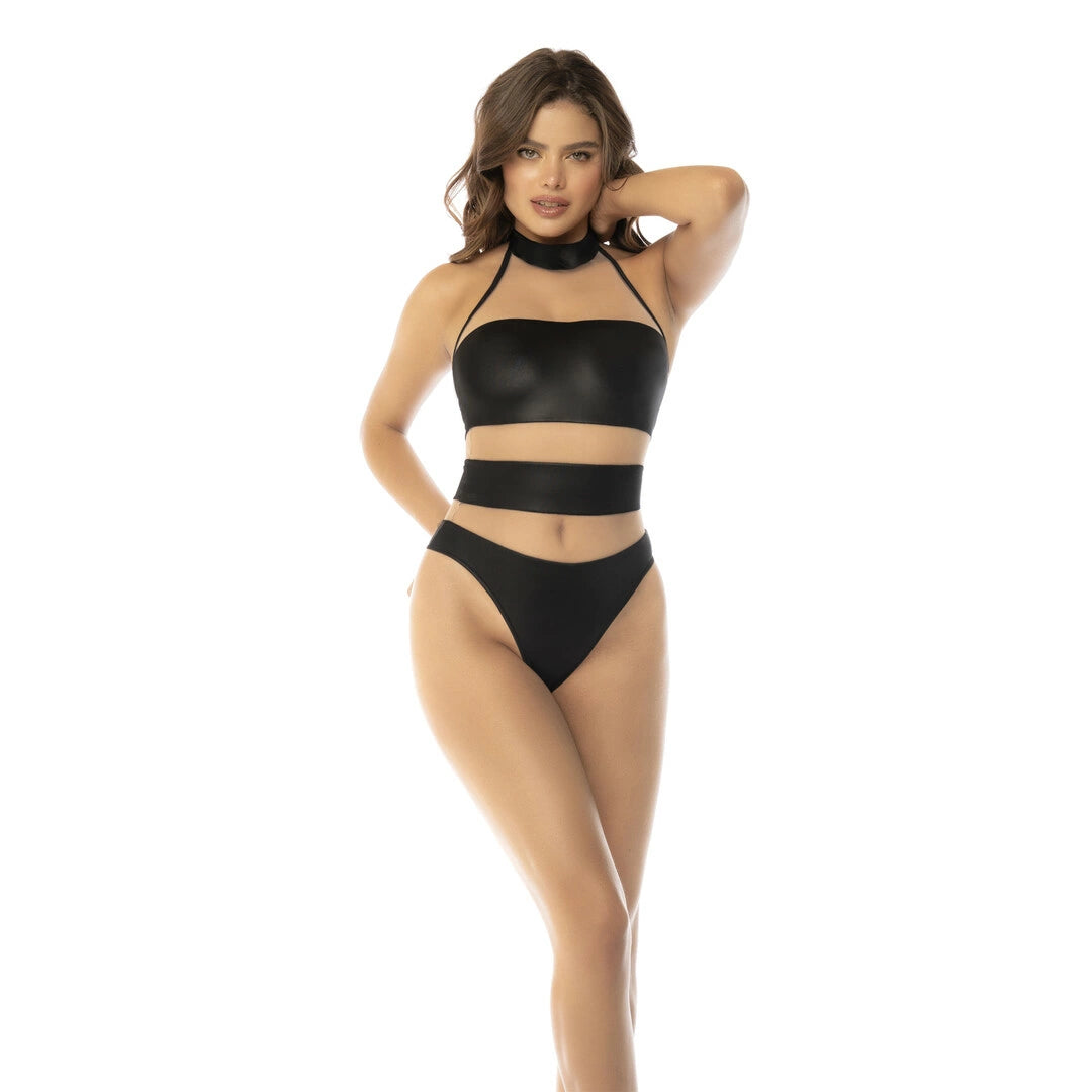 Mapale Halter Bodysuit XL nude/czarny z siateczką i paskami
