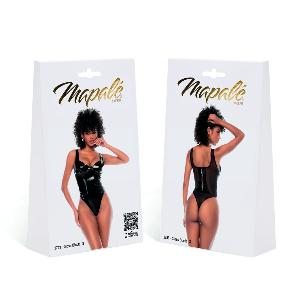 Mapale Body Gloss Black M - klasyczny czarny body z winylu i tiulu