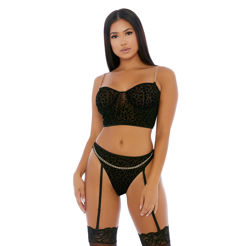 Forplay Chain Me Up Bustier XL - dwuczęściowy komplet z siateczki i łańcuszkami