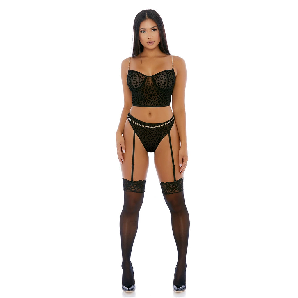 Forplay Chain Me Up Bustier XL - dwuczęściowy komplet z siateczki i łańcuszkami