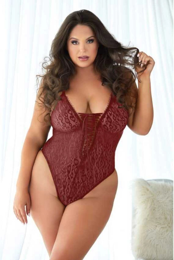 Allure Body burgundowe z koronką i wzorem panterki 2X/3X