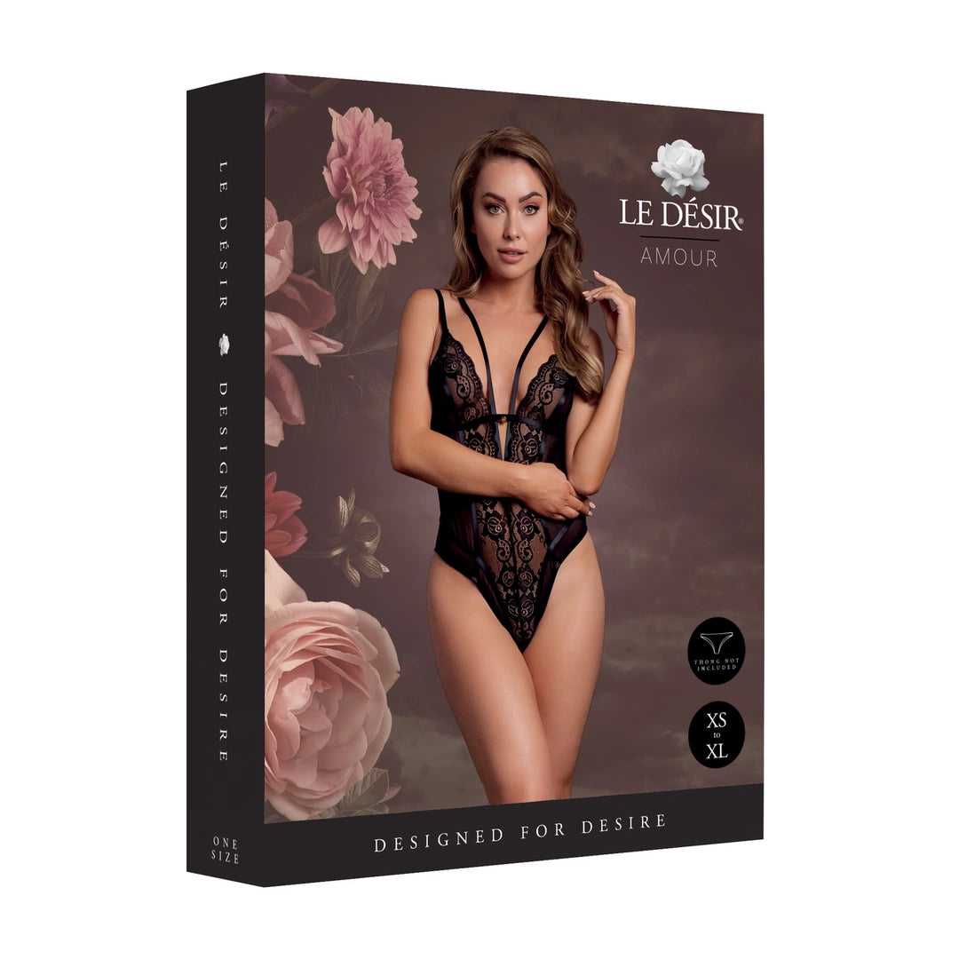 Obsessive Black Lace Bodysuit z Regulacją, Model z Fiszbiny, One Size