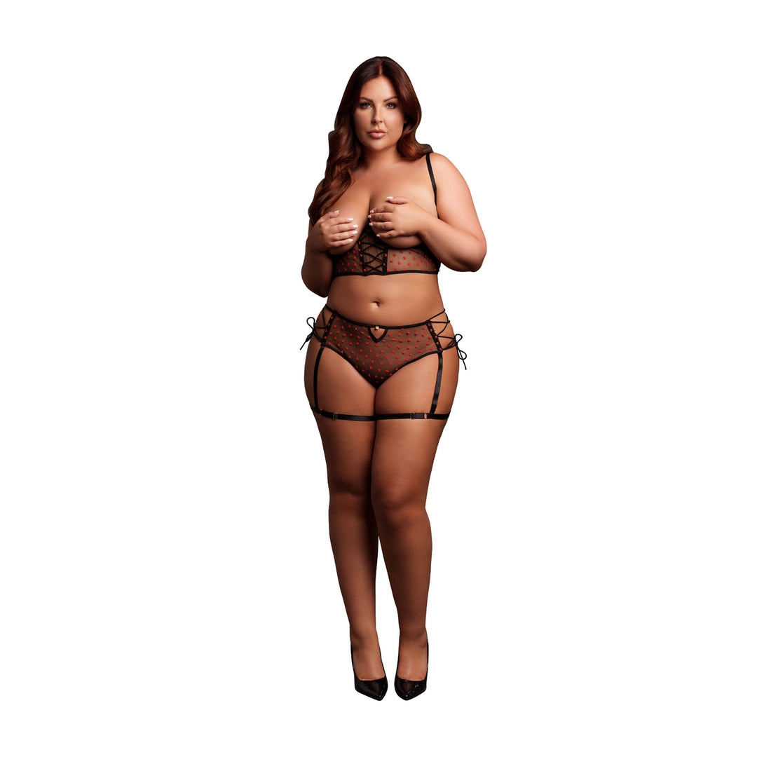 Le Desir 2-częściowy komplet czarny plus size z fiszbinami i wiązaniami Queen Size