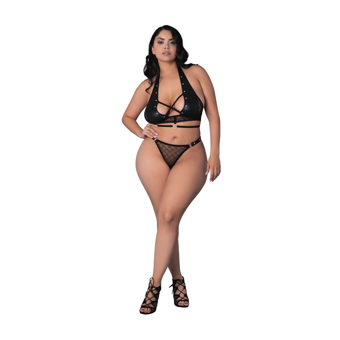 Magic Silk Nadia komplet top + stringi 2XL z pierścieniami i ćwiekami